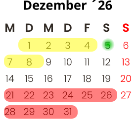 M D M D F S S  1 2 3 4   5 6 7 8 9 10 11 12 13 14 15 16 17 18 19 20 21 22 23 24 25 26 27 28 29 30 31           Dezember ´26